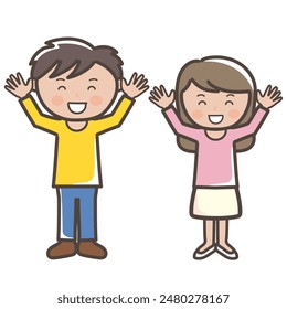Ilustración de cuerpo completo de un hombre y una mujer jóvenes con las manos en alto en la alegría