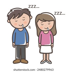 Full body illustration of a young man and woman dozing while standing