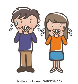 Full body illustration of a young man and woman covering their mouths with their hands in a panic