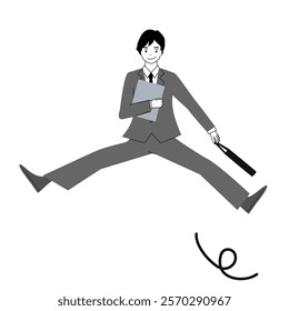 Full body illustration of young man in suits jumping.