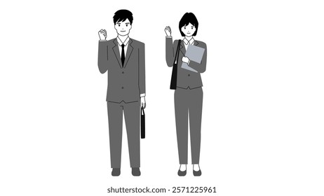 Full body illustration of a young man and woman in a suit posing with guts.