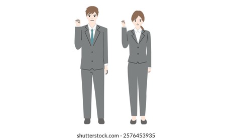 Full body illustration of a young man and woman standing gutsy in business suits.