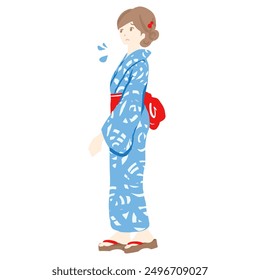 Full body illustration of a young woman in a yukata with a troubled face.