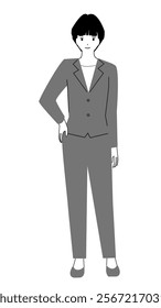 Full body illustration of a young woman standing in a suit.