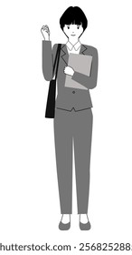 Full body illustration of a young woman in a suit posing with guts.