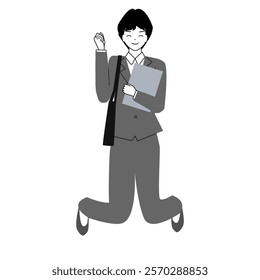 Full body illustration of young woman in suits jumping.