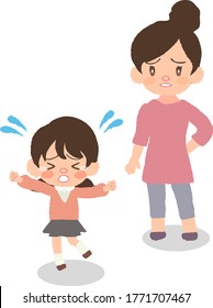  Full body illustrations of a crying child and mother, developmental disabilities, earliest years, panic and more.