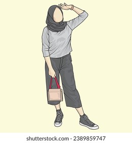 Ganze Illustrationen, die verschiedene Arten von Kleidungsstilen, Outfits und Mode zeigen. Stile von Hijab und Nicht-Hijab für Facaless-Illustrationen