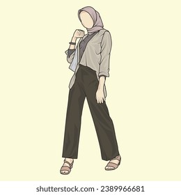 Full body illustrations showing various types of clothing styles, outfits and fashion. Hijab and non-hijab facaless illustration styles