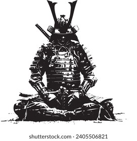 full body of a Japanese samurai in meditation, isolated white background