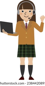 Full body of a junior high school and high school girl wearing a brown blazer  and headset standing with a laptop