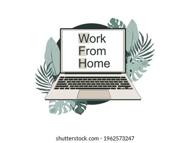 Voller Körper Laptop mit weißem Bildschirm und tropischen Blättern im Hintergrund. Vektorgrafik. 