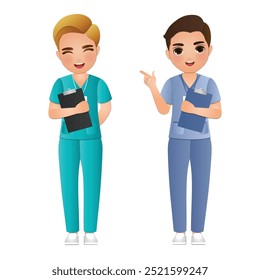 longitud de cuerpo completo de dibujos animados de hombres de enfermería con uniforme en el hospital
