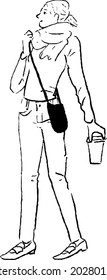 Full body line drawing vector of a woman in a pleated skirt