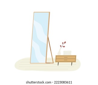 Full body long mirror with shelf on the floor isolated on white background. Graphic elements for decoration about lifestyle.