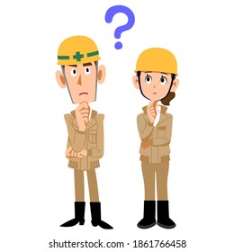 Full Body Of Male And Female Construction Site Workers With Doubts