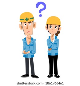 Full Body Of Male And Female Construction Site Workers With Doubts