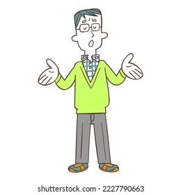 Full body of a man wearing glasses spreading his hands