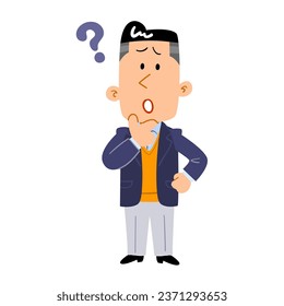 Full body of a man wearing a jacket with doubts