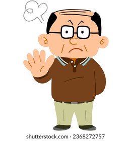 Full body of a middle-aged man wearing glasses and casual clothes showing a gesture of refusal
