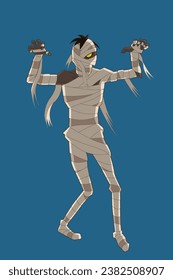 Full body mummy drawing,vector Cartoon mummy  drawing, walking, walking corpse, chase, Halloween,scary,art