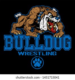 full body, muscular cartoon bulldog wrestling team design with mascot for school, college or league