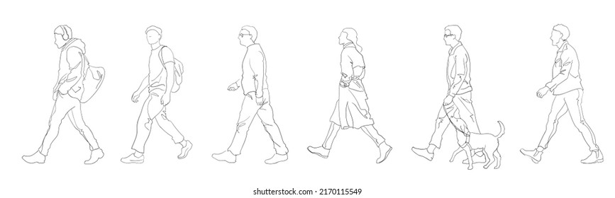 Full body people walking side view outline. Hand drawn vector illustration of pedestrian in various fashion style. 