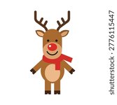 A full body pixel art illustration of a cartoon reindeer standing against a plain white background. The reindeer has brown fur, a tan belly, and distinct antlers. It is wearing a bright red scarf