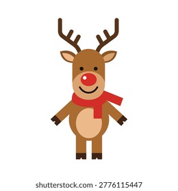 A full body pixel art illustration of a cartoon reindeer standing against a plain white background. The reindeer has brown fur, a tan belly, and distinct antlers. It is wearing a bright red scarf