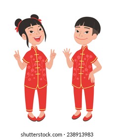 Full body portrait of cute Asian girl and boy wearing Chinese traditional festive costumes. Vector illustrations isolated on background