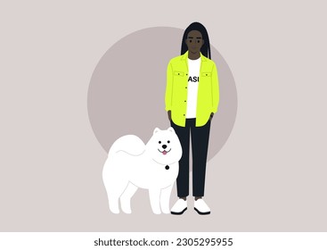 A full body portrait of dog owner with their pet, a big fluffy samoyed puppy