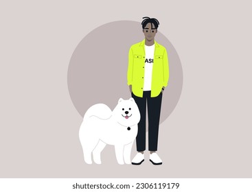 A full body portrait of dog owner with their pet, a big fluffy samoyed puppy