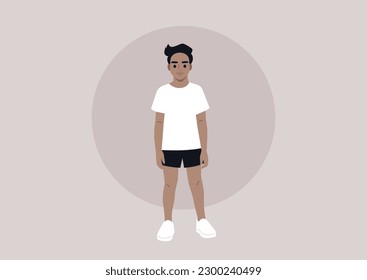 A full body portrait of a kid wearing casual sport clothes