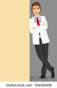 full body portrait of male doctor with glasses leaning against a blank board with copyspace for text