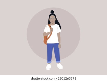 A full body portrait of a school kid carrying a backpack on one strap