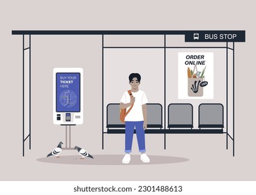 A full body portrait of a school kid carrying a backpack on one strap, a bus station with seats, commercial posters, and a digital ticket machine