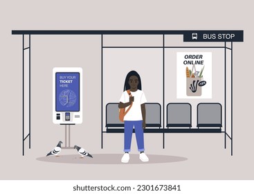 A full body portrait of a school kid carrying a backpack on one strap, a bus station with seats, commercial posters, and a digital ticket machine