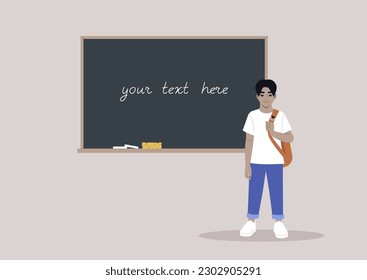 A full body portrait of a school kid carrying a backpack on one strap, a chalkboard with a copy space on the background