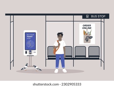 A full body portrait of a school kid carrying a backpack on one strap, a bus station with seats, commercial posters, and a digital ticket machine