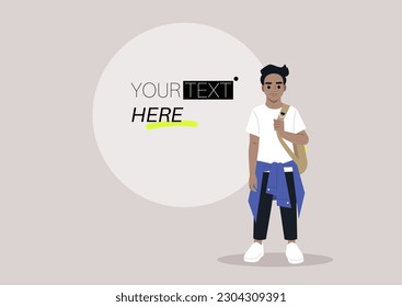 A full body portrait of a school kid carrying a backpack on one strap, a graphic element with a copy space on a background