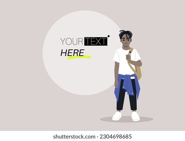 A full body portrait of a school kid carrying a backpack on one strap, a graphic element with a copy space on a background