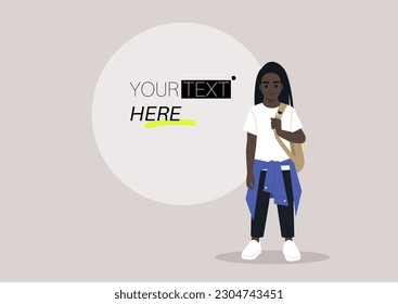 A full body portrait of a school kid carrying a backpack on one strap, a graphic element with a copy space on a background