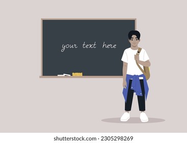 A full body portrait of a school kid carrying a backpack on one strap, a chalkboard with a copy space on the background
