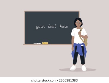 A full body portrait of a school kid carrying a backpack on one strap, a chalkboard with a copy space on the background