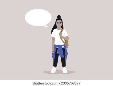 A full body portrait of a school kid carrying a backpack on one strap, a comic book speech bubble with a copy space beside