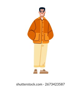 Retrato de cuerpo completo de un hombre joven sonriente que lleva una chaqueta naranja y pantalones beige, mostrando un look de moda casual y elegante de otoño o primavera