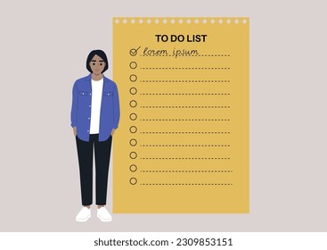  A full body portrait of a young adult wearing casual clothes, A yellow to-do list with empty check boxes and lines on the background