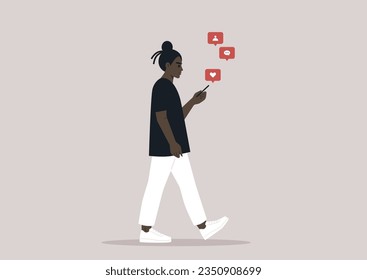A full body portrait of a young African character using their phone on the go