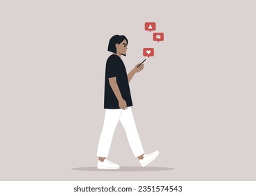 A full body portrait of a young Caucasian character using their phone on the go