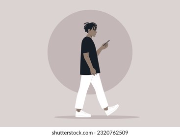 A full body portrait of a young male African character using their phone on the go